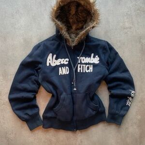 Abercrombie & Fitch Navy Blue Hoodie with Fur Trim